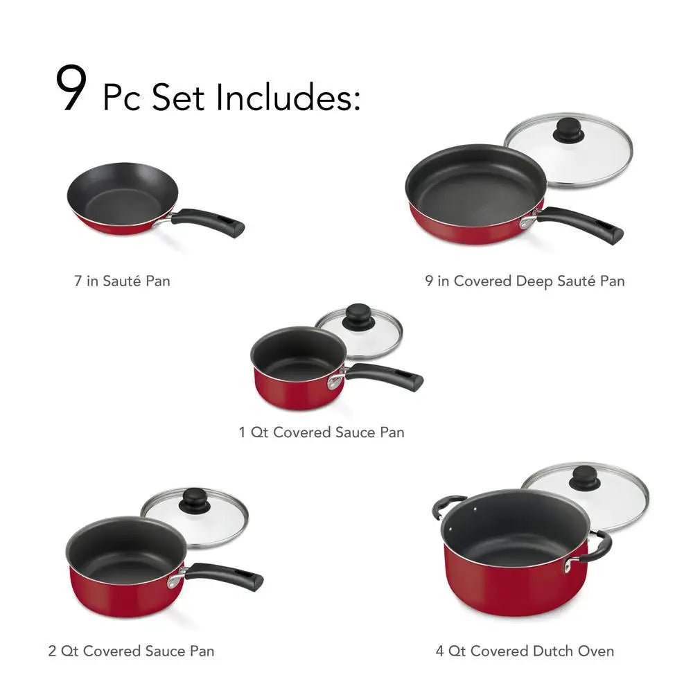 9 - Piece Non - Stick Cookware - Red, Easy Clean - EmporiumForAll