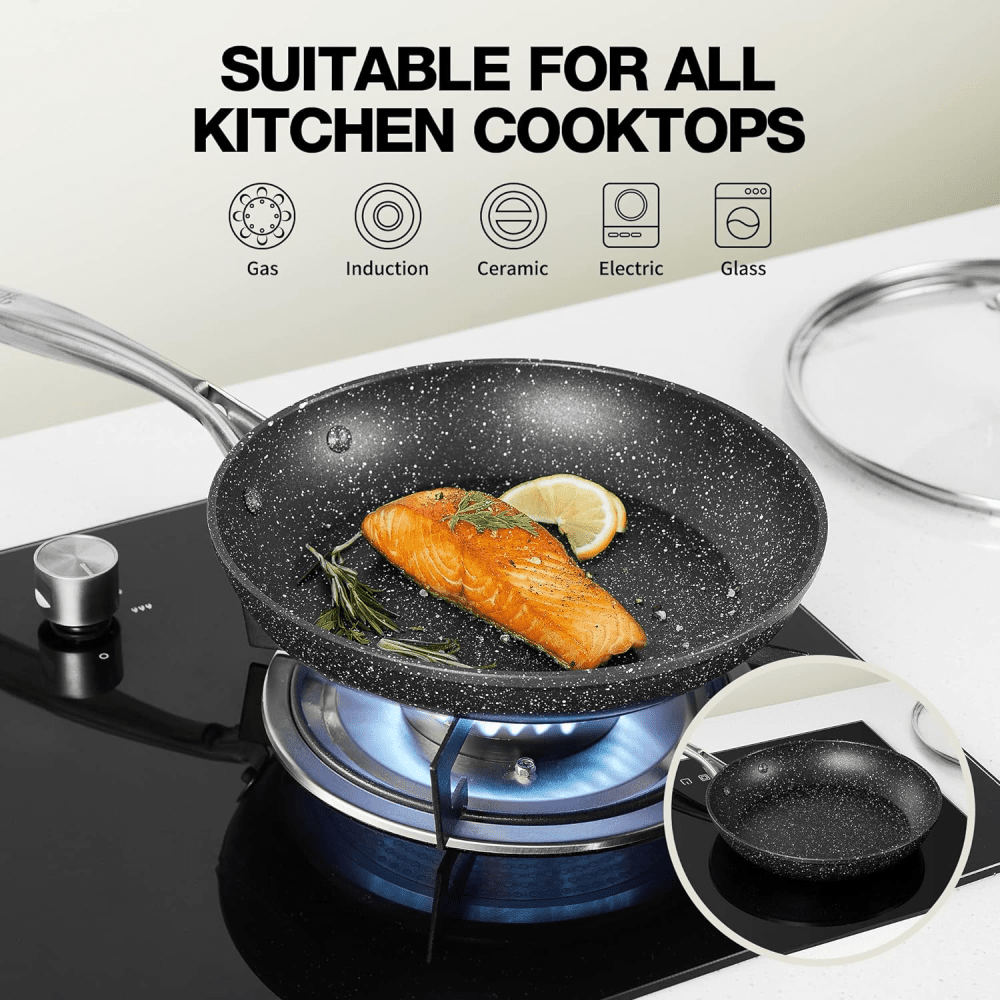 Nonstick 8" Marble Frying Pan with Lid - PFOA Free & Induction Safe - EmporiumForAll