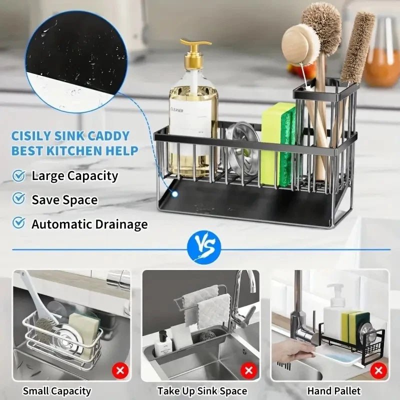 Stainless Sink Organizer Rack with Towel & Sponge Holder - EmporiumForAll