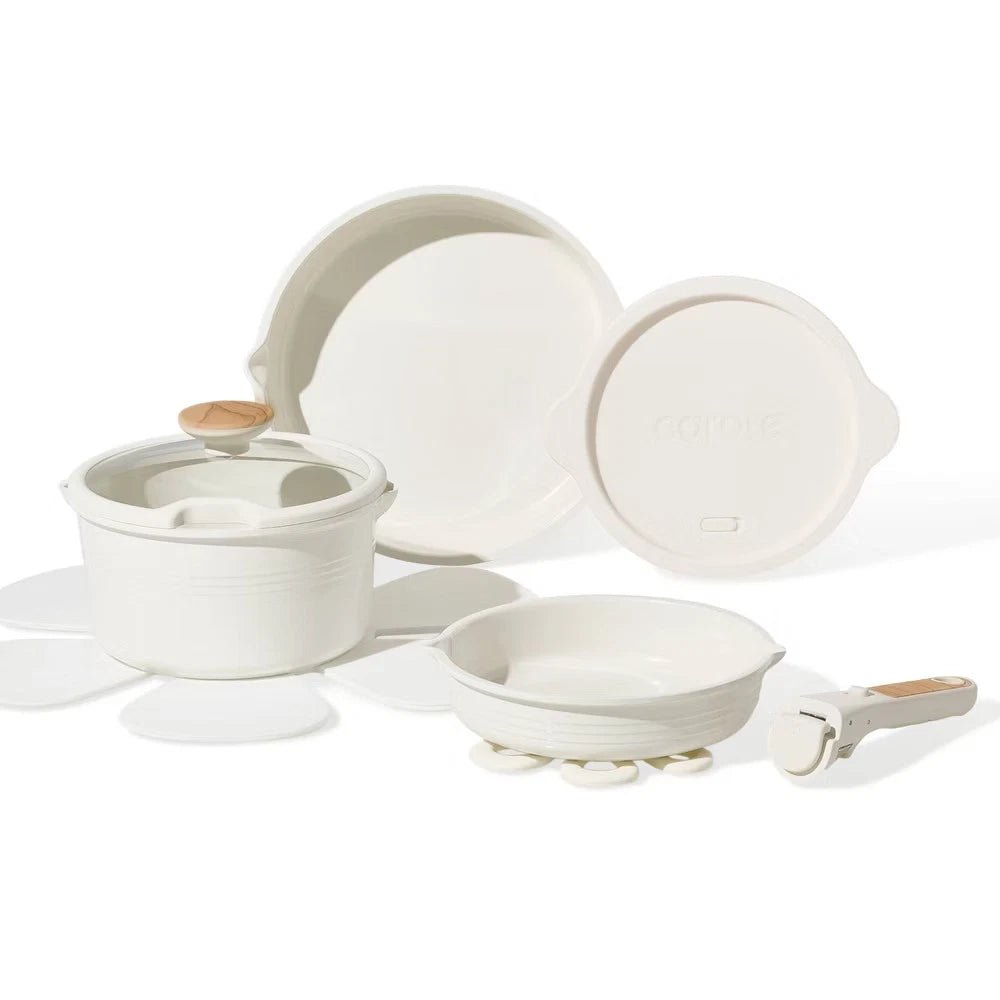 10pc Ceramic Nonstick Cookware Set with Detachable Handle Cream - EmporiumForAll