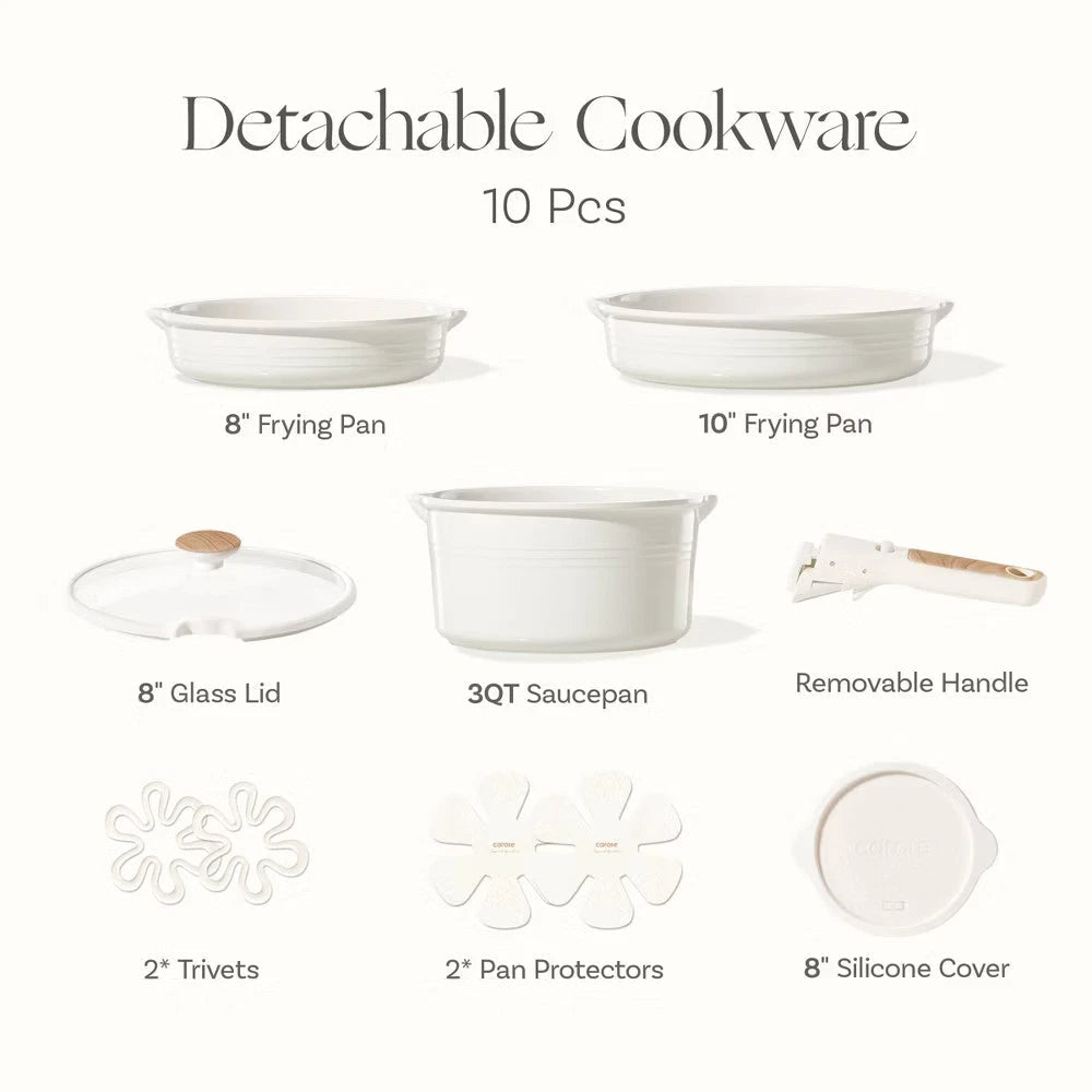 10pc Ceramic Nonstick Cookware Set with Detachable Handle Cream - EmporiumForAll
