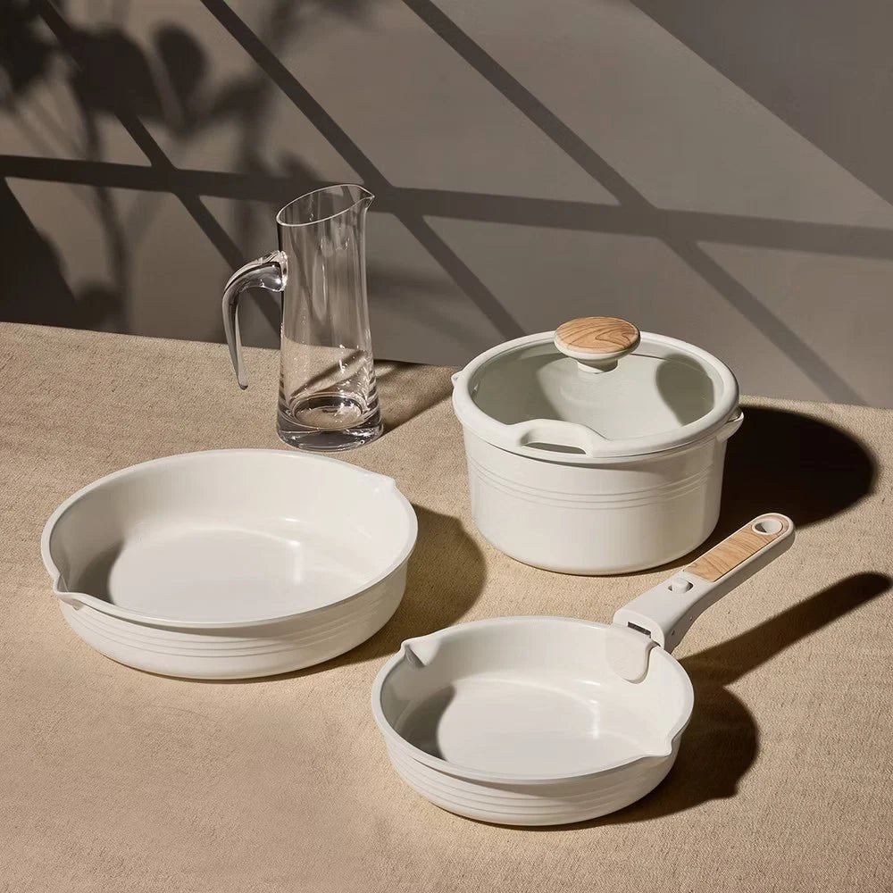 10pc Ceramic Nonstick Cookware Set with Detachable Handle Cream - EmporiumForAll