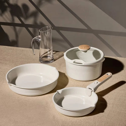 10pc Ceramic Nonstick Cookware Set with Detachable Handle Cream - EmporiumForAll