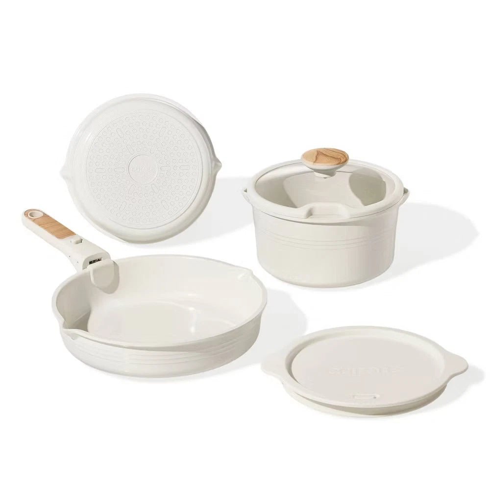 10pc Ceramic Nonstick Cookware Set with Detachable Handle Cream - EmporiumForAll