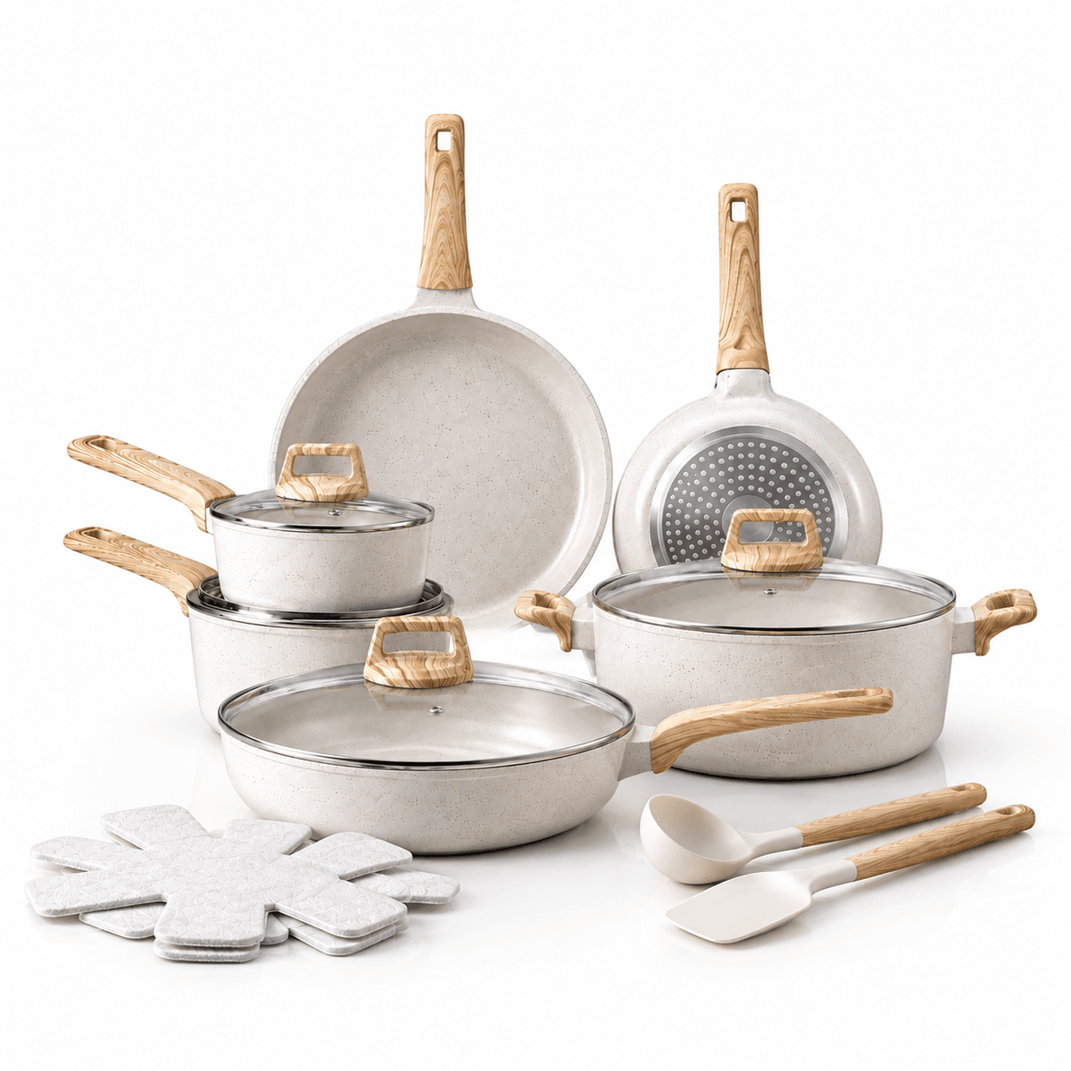 17-Piece Granite Nonstick Cookware Set – Induction Pots & Pans with Pan Protectors - EmporiumForAll