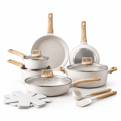 17-Piece Granite Nonstick Cookware Set – Induction Pots & Pans with Pan Protectors - EmporiumForAll