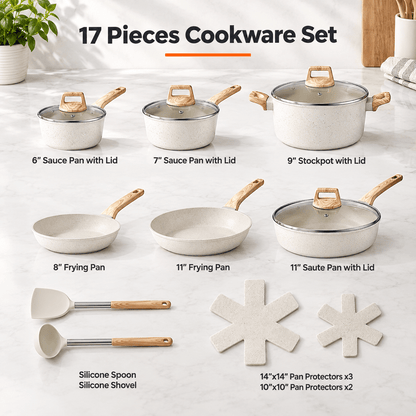 17-Piece Granite Nonstick Cookware Set – Induction Pots & Pans with Pan Protectors - EmporiumForAll