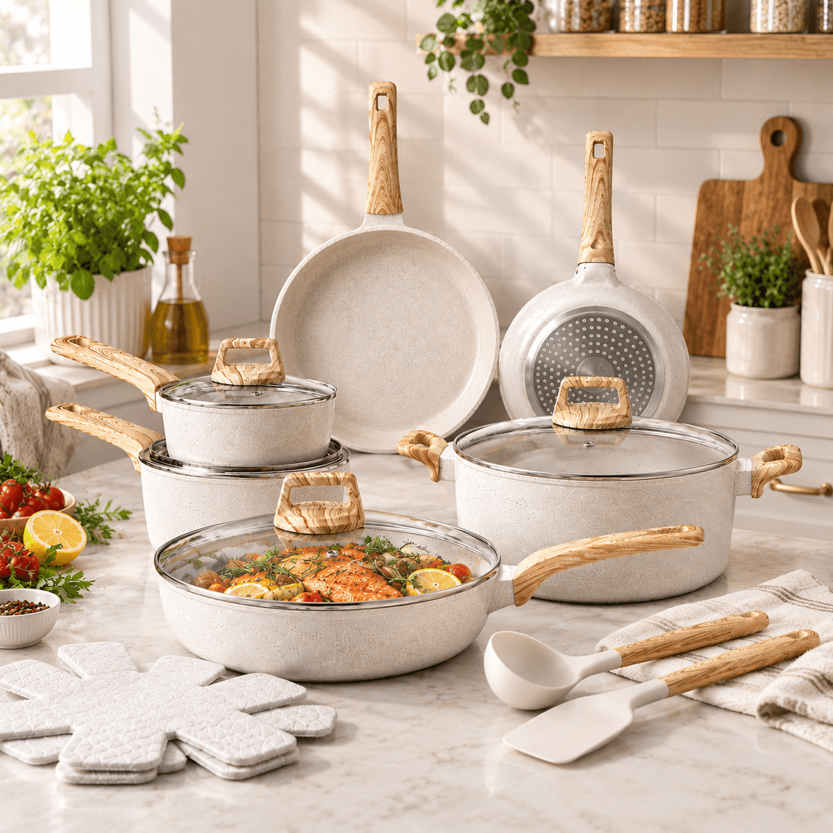 17-Piece Granite Nonstick Cookware Set – Induction Pots & Pans with Pan Protectors - EmporiumForAll