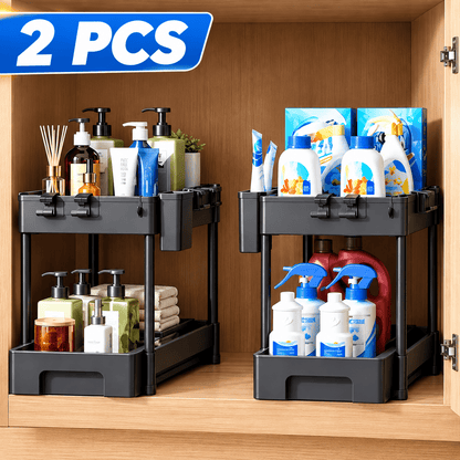 2-Piece Under Sink Organizer with Pull-Out Shelves – 2-Tier Expandable Cabinet Storage Rack - EmporiumForAll