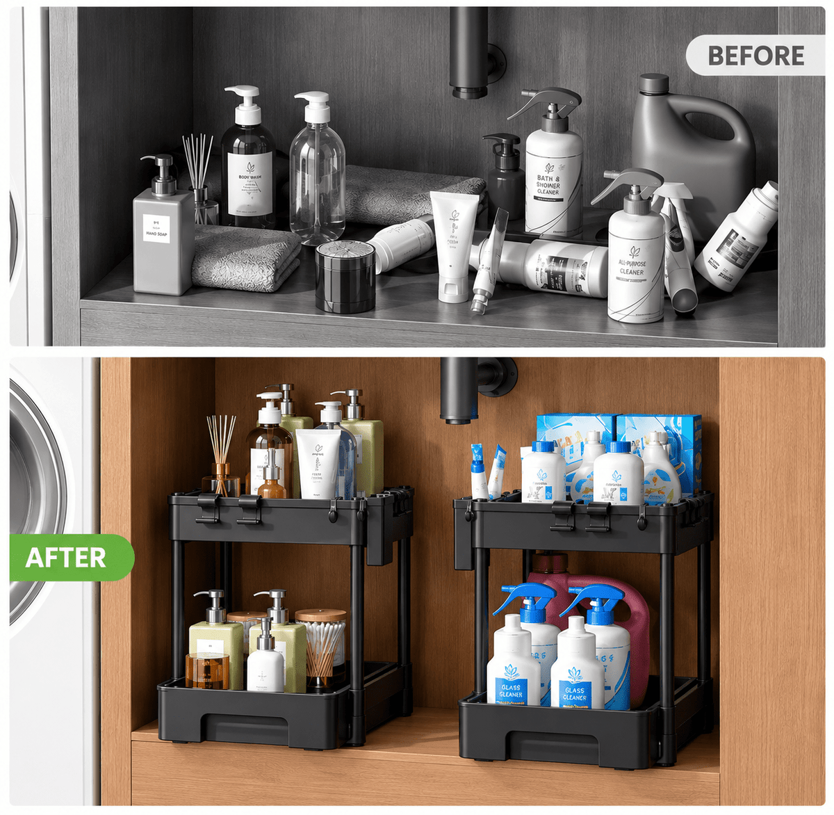 2-Piece Under Sink Organizer with Pull-Out Shelves – 2-Tier Expandable Cabinet Storage Rack - EmporiumForAll