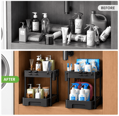 2-Piece Under Sink Organizer with Pull-Out Shelves – 2-Tier Expandable Cabinet Storage Rack - EmporiumForAll