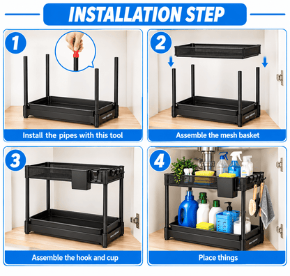 2-Piece Under Sink Organizer with Pull-Out Shelves – 2-Tier Expandable Cabinet Storage Rack - EmporiumForAll