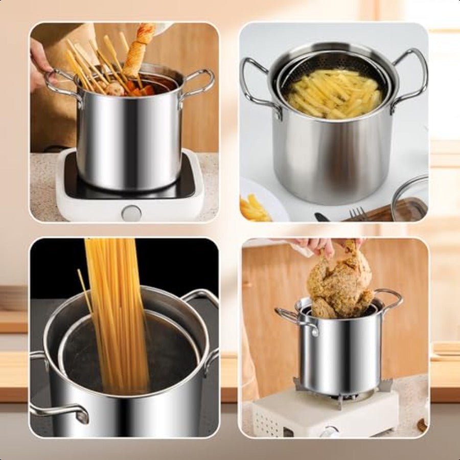 3.5L Stainless Steel Deep Fryer Pot with Oil Drip Drainer - EmporiumForAll