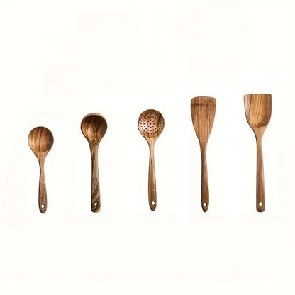 5 - Piece Wooden Utensils - Safe, Durable, Ideal for Non - Stick Pans - EmporiumForAll