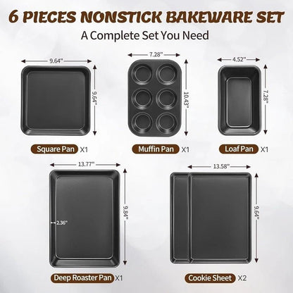 6PCS Nonstick Bakeware Set Carbon Steel Baking Pans Oven Safe - EmporiumForAll