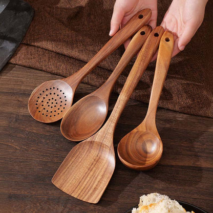 5-Piece Wooden Utensils - Safe, Durable, Ideal for Non-Stick Pans