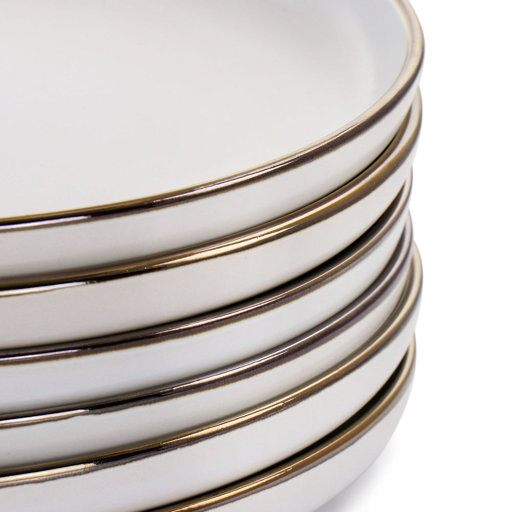 Stoneware Dinnerware Set - 6 Gold Trim Plates, Microwave Safe