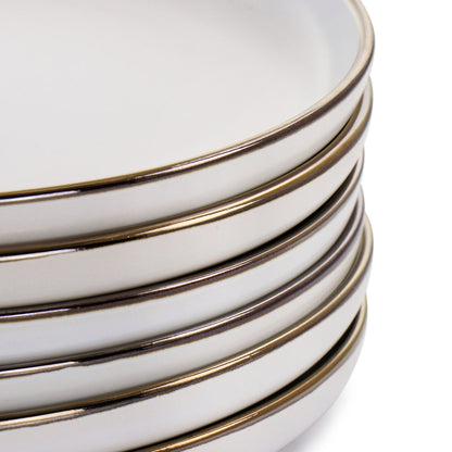 Stoneware Dinnerware Set - 6 Gold Trim Plates, Microwave Safe