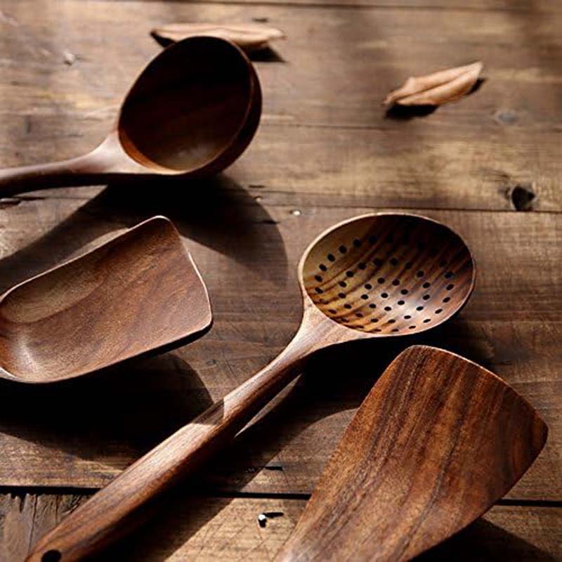 5-Piece Wooden Utensils - Safe, Durable, Ideal for Non-Stick Pans