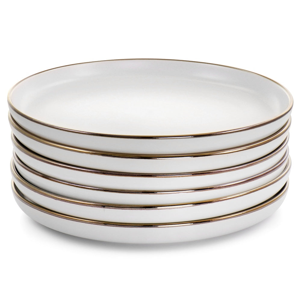 Stoneware Dinnerware Set - 6 Gold Trim Plates, Microwave Safe