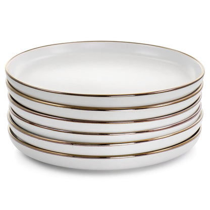 Stoneware Dinnerware Set - 6 Gold Trim Plates, Microwave Safe