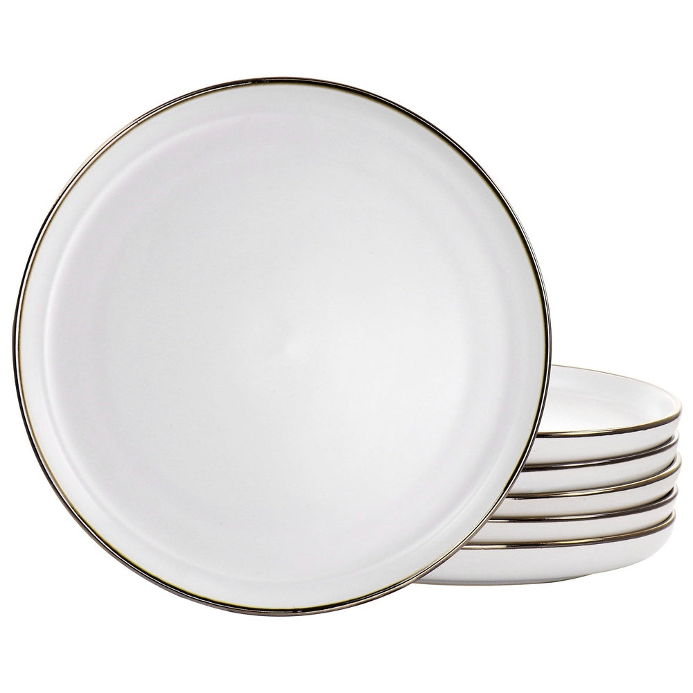 Stoneware Dinnerware Set - 6 Gold Trim Plates, Microwave Safe