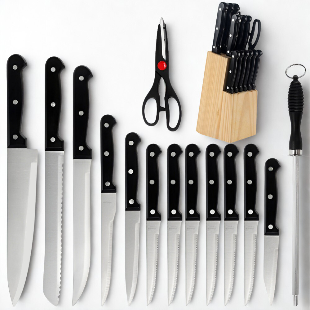 Knife Set including essential kitchen knives in a stylish and sturdy wooden block.