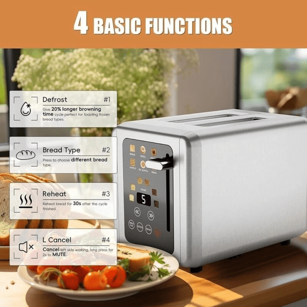 Digital Timer Toaster Touch Screen 6 Shade Settings Extra Wide Slots New - EmporiumForAll