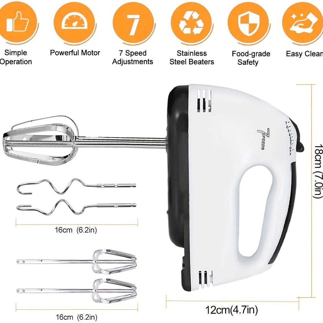 Hand Mixer 7 - Speed, Stainless Steel, Perfect for Baking & Whisking - EmporiumForAll