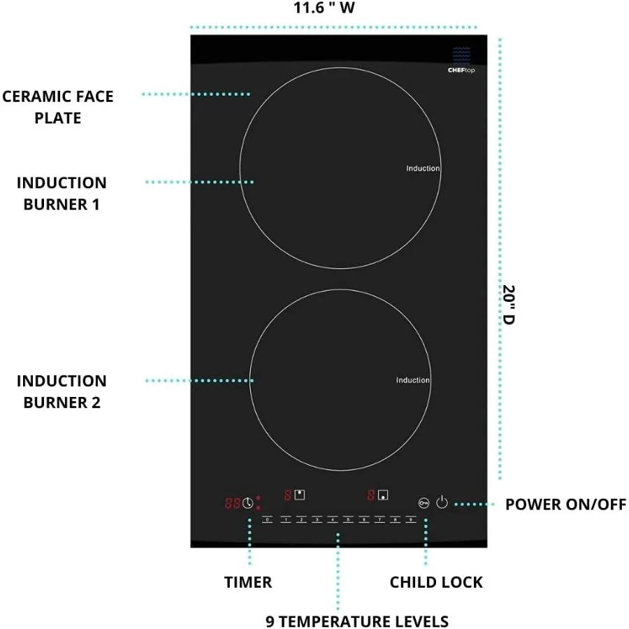 Induction Cooktop 1800W, Digital Ceramic Top, Dual Zones - EmporiumForAll