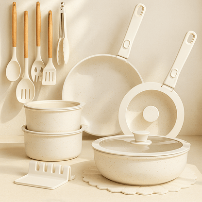 Non - Stick Ceramic Cookware Set, 21 - Piece, Milky White - EmporiumForAll