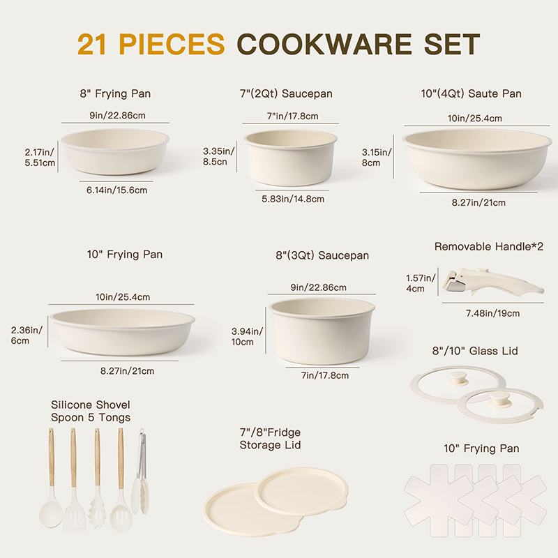 Non - Stick Ceramic Cookware Set, 21 - Piece, Milky White - EmporiumForAll