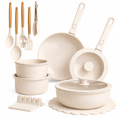 Non - Stick Ceramic Cookware Set, 21 - Piece, Milky White - EmporiumForAll