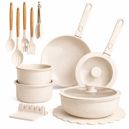 Non - Stick Ceramic Cookware Set, 21 - Piece, Milky White - EmporiumForAll