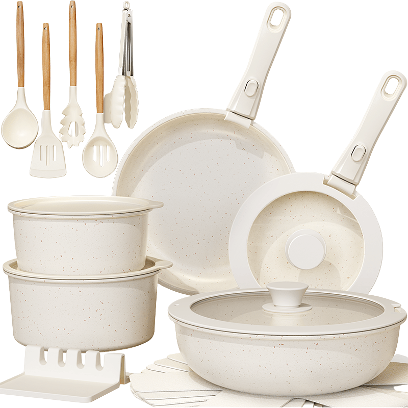 Non - Stick Ceramic Cookware Set, 21 - Piece, Milky White - EmporiumForAll