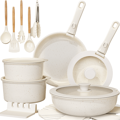Non - Stick Ceramic Cookware Set, 21 - Piece, Milky White - EmporiumForAll