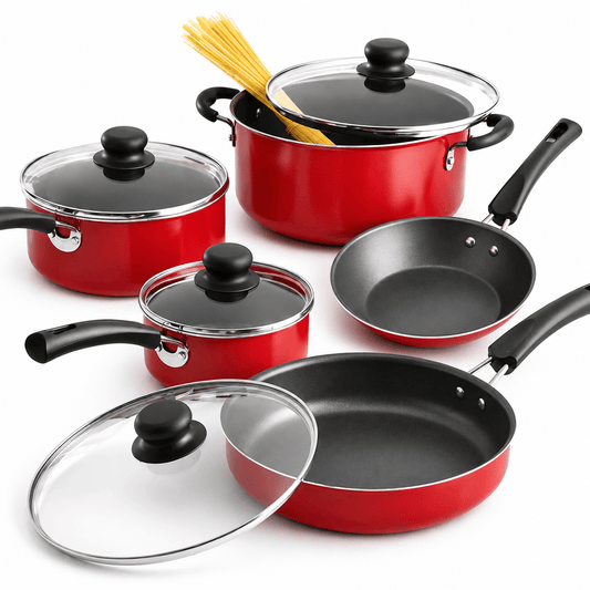 Non - Stick Cookware Set: 9 - Piece Red Essentials - EmporiumForAll