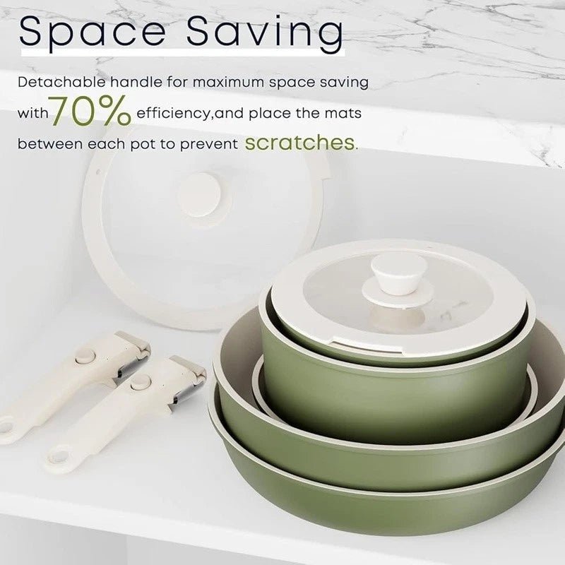 Space - Saving Nonstick Cookware Set – Detachable Handle, Stackable Pots & Pans, Induction Compatible, Dishwasher Safe - EmporiumForAll