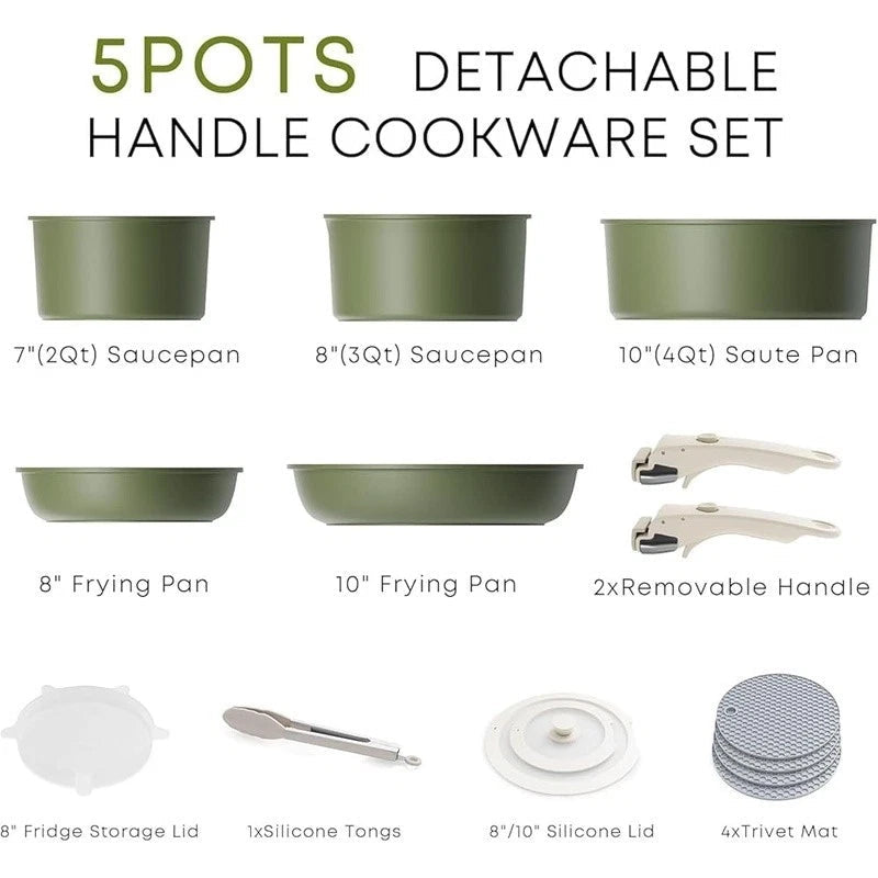 Space - Saving Nonstick Cookware Set – Detachable Handle, Stackable Pots & Pans, Induction Compatible, Dishwasher Safe - EmporiumForAll