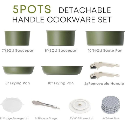 Space - Saving Nonstick Cookware Set – Detachable Handle, Stackable Pots & Pans, Induction Compatible, Dishwasher Safe - EmporiumForAll