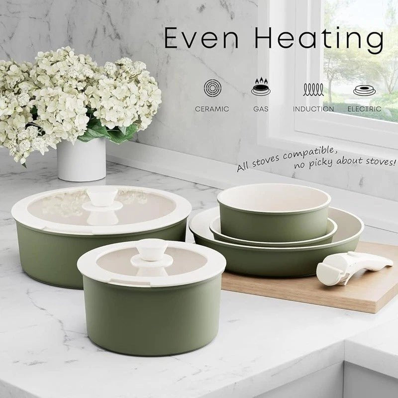 Space - Saving Nonstick Cookware Set – Detachable Handle, Stackable Pots & Pans, Induction Compatible, Dishwasher Safe - EmporiumForAll