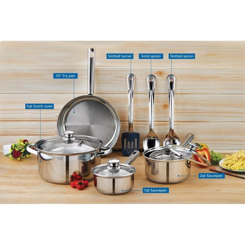 Stainless Steel 10 - Piece Cookware Set Induction Compatible Kitchen Essential New - EmporiumForAll
