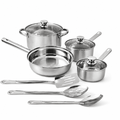 Stainless Steel 10 - Piece Cookware Set Induction Compatible Kitchen Essential New - EmporiumForAll