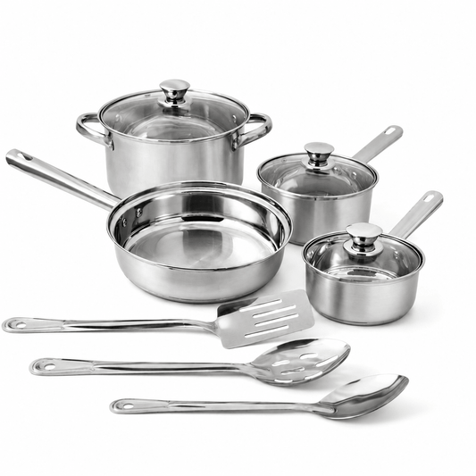 Stainless Steel 10 - Piece Cookware Set Induction Compatible Kitchen Essential New - EmporiumForAll