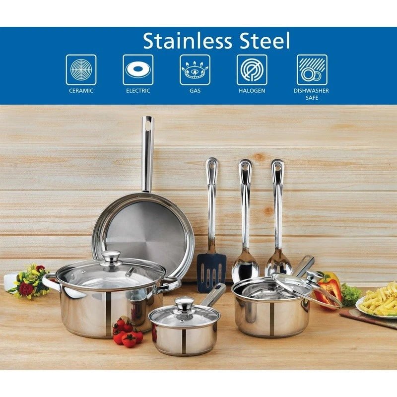 Stainless Steel 10 - Piece Cookware Set Induction Compatible Kitchen Essential New - EmporiumForAll