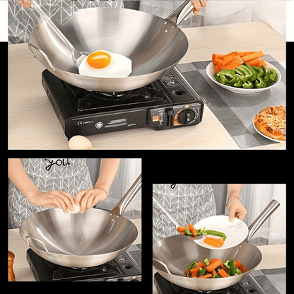 Stainless Steel Wok Uncoated - Double Handle Chef Pan - EmporiumForAll