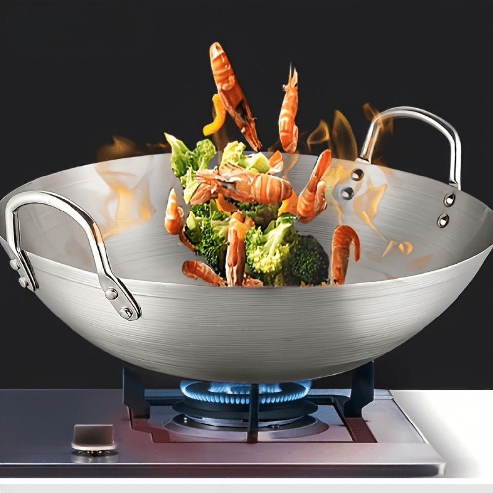 Stainless Steel Wok Uncoated - Double Handle Chef Pan - EmporiumForAll