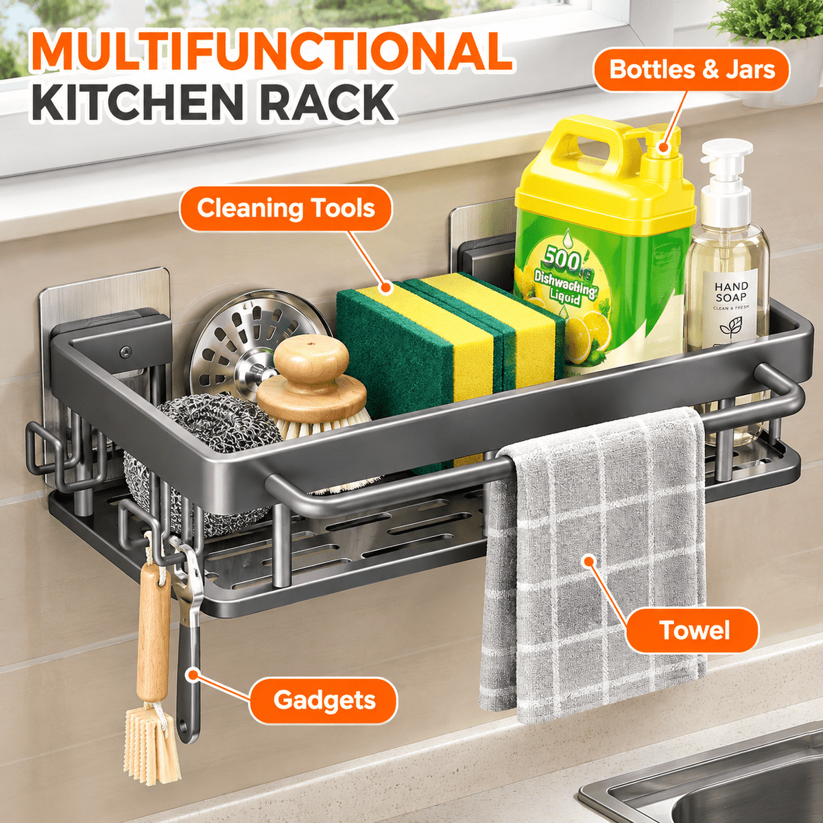 Wall-Mounted Kitchen Sponge Holder & Sink Organizer – Soap Drainer, Towel Rack & Storage Shelf - EmporiumForAll