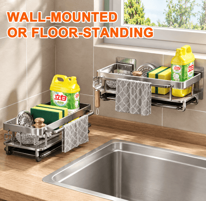 Wall-Mounted Kitchen Sponge Holder & Sink Organizer – Soap Drainer, Towel Rack & Storage Shelf - EmporiumForAll