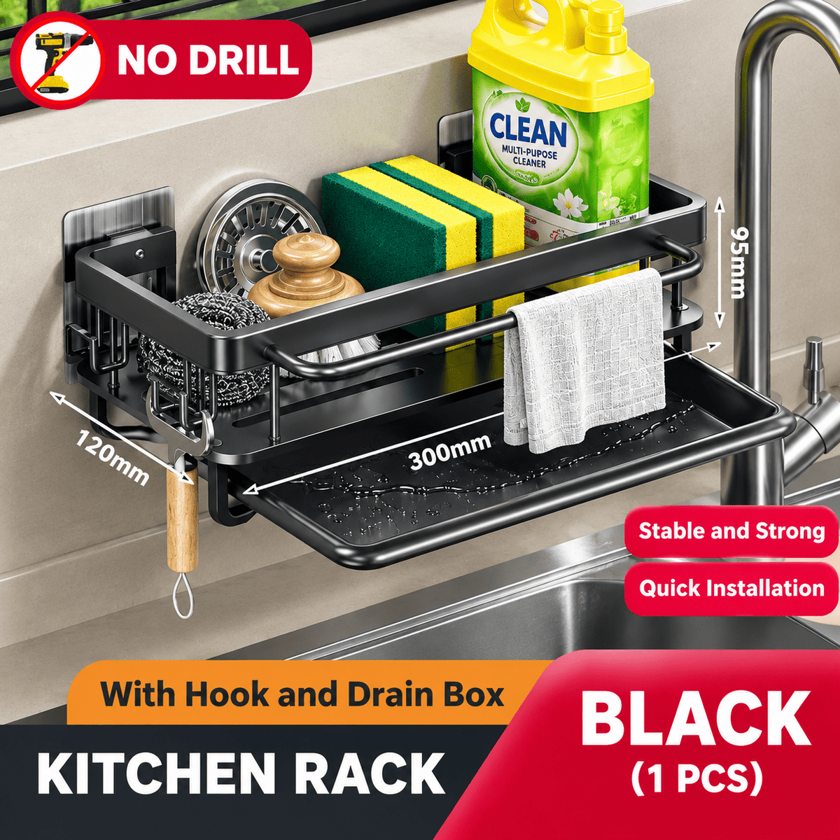Wall-Mounted Kitchen Sponge Holder & Sink Organizer – Soap Drainer, Towel Rack & Storage Shelf - EmporiumForAll
